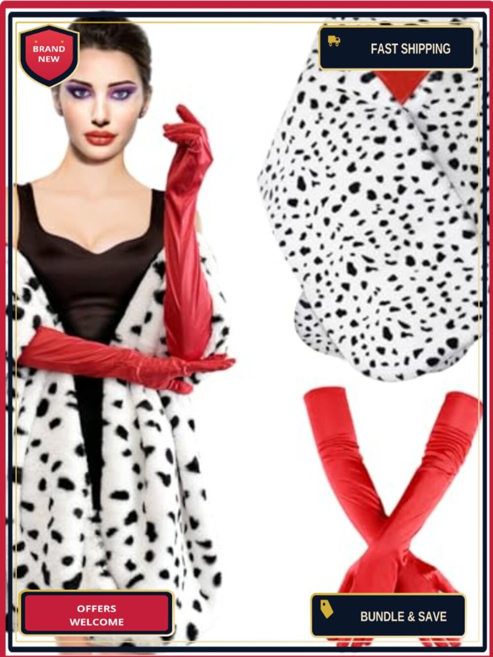 Dalmatian Shawl Coat Costume Set Faux Fur 1920s Gloves Holder